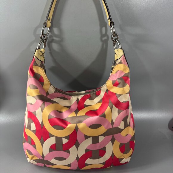COACH # F22745 Kristin Op Art Yellow Multicolor Satin Hobo Shoulder Bag - Picture 8 of 15